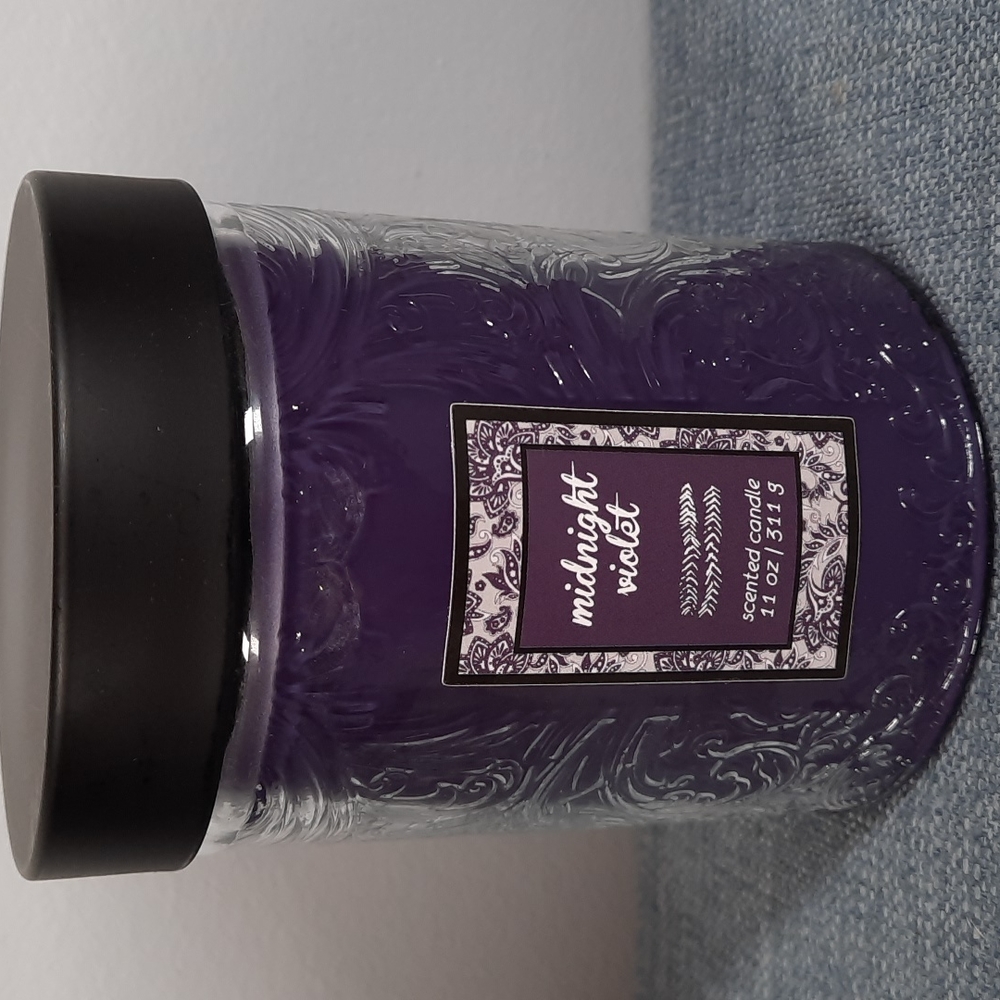 Jar Candle 11oz Single Wick Midnight Violet Purple Beautiful Embossed Glass USA